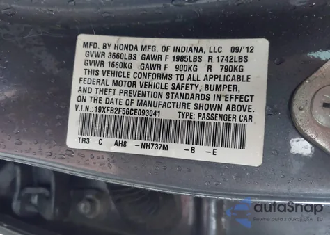 2012 Honda Civic Lx z USA, uszkodzony, nr VIN 19XFB2F56CE093041